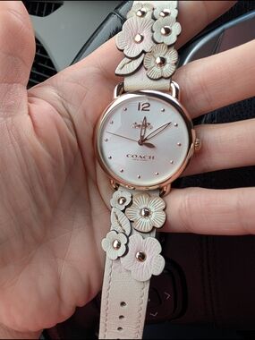 Coach Floral Delancey Leather Strap Watch in Pale Pink and Rose Gold